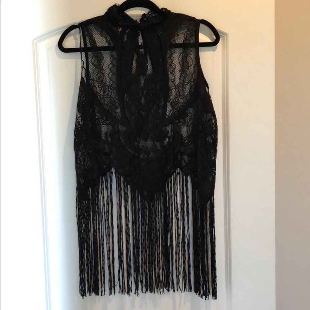 Black lace fringe swimsuit cover up